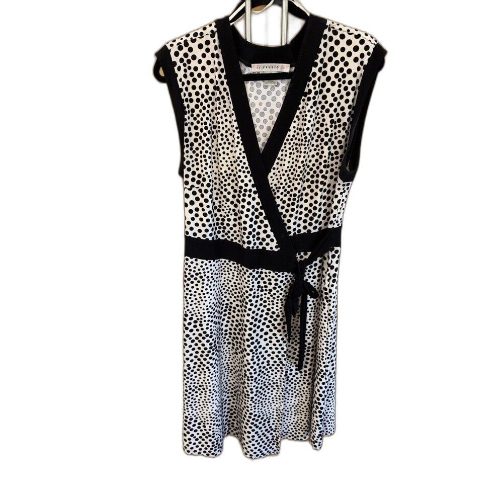 AA Studio Women 16 Polka Dot Wrap Tie Waist Midi Dress Beige Black Cap Sleeve